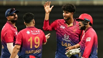 28/3, 50/5, four wickets in the powerplay – it was UAE all the way in the bowling innings, their total of 172 never looking under any sort of threat. (AFP) 28/3, 50/5, four wickets in the powerplay – it was UAE all the way in the bowling innings, their total of 172 never looking under any sort of threat. (AFP)