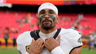 Philadelphia Eagles quarterback Jalen Hurts pauses on the field following an NFL football game against the Kansas City Chiefs Sunday. (AP) Philadelphia Eagles quarterback Jalen Hurts pauses on the field following an NFL football game against the Kansas City Chiefs Sunday. (AP)