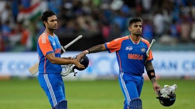 India's captain Suryakumar Yadav, right celebrates with batting partner Shivam Dube (AP) India's captain Suryakumar Yadav, right celebrates with batting partner Shivam Dube (AP)