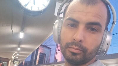 Muhammad Abu Dakha, a 31-year-old Palestinian from Gaza, takes a selfie at the train station in Brussels, Belgium, August 25, 2025. (Handout via Reuters)