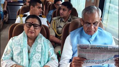 Newly appointed Maharashtra governor Acharya Devvrat departs for Mumbai from Ahemdabad by Tejas Express on Sunday. (Raj Bhavan)