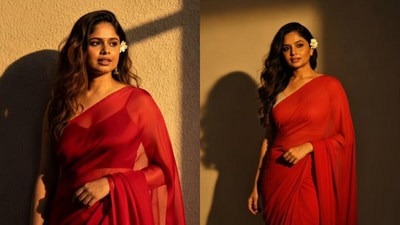 Get the perfect retro red saree look with Gemini’s Nano Banana AI prompts. (@megha_chavda/Instagram)