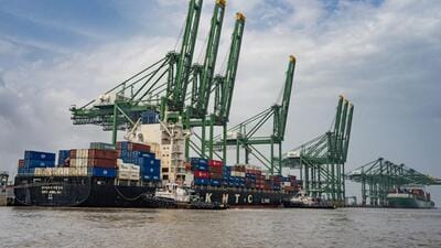 Shipping containers stacked on the KMTC Jebel Ali container ship at Jawaharlal Nehru Port in Navi Mumbai, Maharashtra, (Bloomberg) Shipping containers stacked on the KMTC Jebel Ali container ship at Jawaharlal Nehru Port in Navi Mumbai, Maharashtra, (Bloomberg)