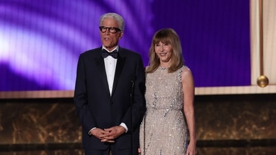 Recipient of the Bob Hope Humanitarian award, US actor Ted Danson and his wife US actress Mary Steenburgen, speak onstage during the 77th Primetime Emmy Awards at the Peacock Theatre at LA Live in Los Angeles on September 14, 2025. (Photo by VALERIE MACON / AFP) / RESTRICTED TO EDITORIAL USE (AFP) Recipient of the Bob Hope Humanitarian award, US actor Ted Danson and his wife US actress Mary Steenburgen, speak onstage during the 77th Primetime Emmy Awards at the Peacock Theatre at LA Live in Los Angeles on September 14, 2025. (Photo by VALERIE MACON / AFP) / RESTRICTED TO EDITORIAL USE (AFP)