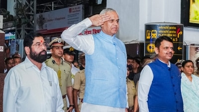 In this image released on Sunday, Gujarat governor Acharya Devvrat with Maharashtra chief minister Devendra Fadnavis and Deputy CM Eknath Shinde. (@CMOMaharashtra)