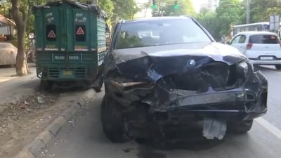 The driver of the BMW car that hit the two-wheeler on Sunday has been identified as Gagan Preet Makkad, a resident of Gurugram (ANI video grab) The driver of the BMW car that hit the two-wheeler on Sunday has been identified as Gagan Preet Makkad, a resident of Gurugram (ANI video grab)