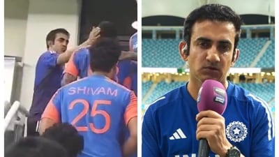 India head coach Gautam Gambhir reacts to no handshake after beating Pakistan India head coach Gautam Gambhir reacts to no handshake after beating Pakistan