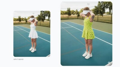 Dress Transformation: "Change this person’s outfit so it appears to be made entirely from tennis balls" (Google) Dress Transformation: "Change this person’s outfit so it appears to be made entirely from tennis balls" (Google)