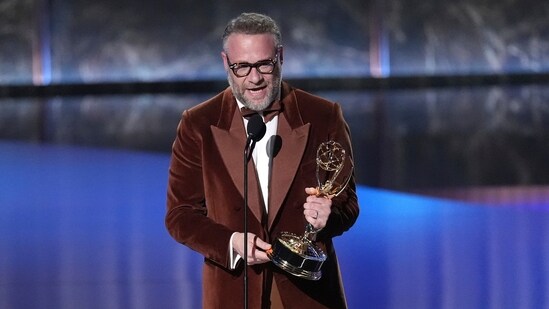 Seth Rogen accepts the award for outstanding lead actor in a comedy series for "The Studio" during the 77th Primetime Emmy Awards on Sunday, Sept. 14, 2025.(Chris Pizzello/Invision/AP)