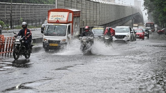 Mumbai Traffic Police also informed that traffic was moving slow at some places in the city after heavy rainfall caused waterlogging(Raju Shinde/Hindustan Times)