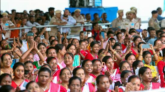 Women gather to listen to Prime Minister Narendra Modi during a public address in Assam on September 14. (DPR PMO)