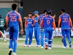 India's Kuldeep Yadav and teammates celebrate the wicket of Pakistan's Hasan Nawaz during their match in the Asia Cup 2025