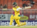 Australia's Phoebe Litchfield during the first ODI cricket match between India and Australia in New Chandigarh on Sunday. (PTI)
