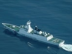 An aerial view of a China Coast Guard ship navigating near the disputed Scarborough Shoal, in the South China Sea.