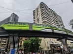 Following incessant rains since the early hours of Monday, a monorail train carrying 17 passengers stalled on a curve between the Antop Hill and GTB Nagar stations at 7.16 am due to a technical fault, according to officials. (Raju Shinde/HT Photo)