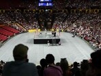 A person speaks onstage during a vigil in memory of right-wing activist Charlie Kirk at Desert Financial Arena on the campus of Arizona State University in Tempe, Arizona, on September 15, 2025 (Photo by CHARLY TRIBALLEAU / AFP) A person speaks onstage during a vigil in memory of right-wing activist Charlie Kirk at Desert Financial Arena on the campus of Arizona State University in Tempe, Arizona, on September 15, 2025 (Photo by CHARLY TRIBALLEAU / AFP)