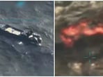 In the video, a small boat is seen through the reticle of the camera recording as it explodes and bursts into flames in the middle of international waters.