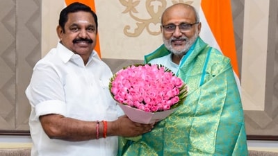 AIADMK General Secretary Edappadi K. Palaniswami meets Vice President CP Radhakrishnan in New Delhi on Tuesday. (PTI PHOTO) AIADMK General Secretary Edappadi K. Palaniswami meets Vice President CP Radhakrishnan in New Delhi on Tuesday. (PTI PHOTO)