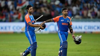 India's captain Suryakumar Yadav, right celebrates with batting partner Shivam Dube after their win in the Asia Cup cricket match against Pakistan (AP) India's captain Suryakumar Yadav, right celebrates with batting partner Shivam Dube after their win in the Asia Cup cricket match against Pakistan (AP)