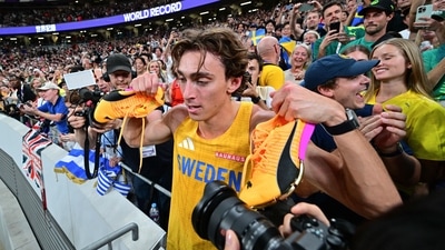 Gold medallist Sweden's athlete Armand Duplantis celebrates his new world record in the men's pole vault final during the World Athletics Championships in Tokyo. (AFP) Gold medallist Sweden's athlete Armand Duplantis celebrates his new world record in the men's pole vault final during the World Athletics Championships in Tokyo. (AFP)