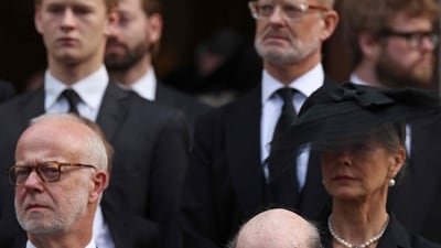 Britain's Prince Edward, Duke of Edinburgh (bottom R) leaves following a Requiem Mass, a Catholic funeral service, for the late Katharine, Duchess of Kent, at Westminster Cathedral in London on September 16, 2025. Britain's Duchess of Kent, known for her links to the Wimbledon tennis tournament and for anonymously teaching music at a primary school. The duchess, a talented pianist, organist and singer, was born Katharine Worsley into an aristocratic family in Yorkshire, northern England. (Photo by Adrian Dennis / AFP) (AFP) Britain's Prince Edward, Duke of Edinburgh (bottom R) leaves following a Requiem Mass, a Catholic funeral service, for the late Katharine, Duchess of Kent, at Westminster Cathedral in London on September 16, 2025. Britain's Duchess of Kent, known for her links to the Wimbledon tennis tournament and for anonymously teaching music at a primary school. The duchess, a talented pianist, organist and singer, was born Katharine Worsley into an aristocratic family in Yorkshire, northern England. (Photo by Adrian Dennis / AFP) (AFP)
