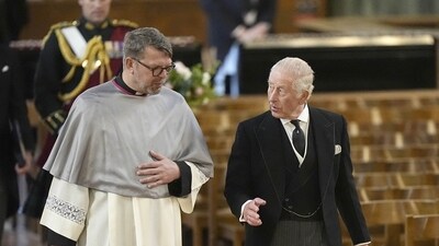 Britain's King Charles arrives for the Requiem Mass service for the Duchess of Kent, at Westminster Cathedral, central London, September 16, 2025. (via REUTERS)