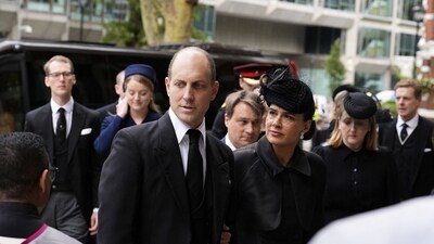 Lord and Lady Frederick Windsor arriving for the Requiem Mass service for the Duchess of Kent, at Westminster Cathedral, central London, September 16, 2025. (via REUTERS)