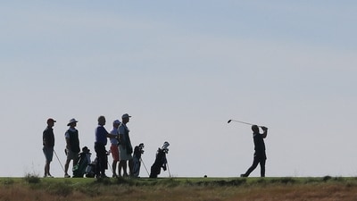 A golfer hits the ball on the golf course at Shinnecock Hills Golf Club on September 15, 2025 in Southampton, New York. The 126th U.S. Open will be played on the course in 2026. (Bruce Bennett/AFP)