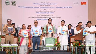 Haryana chief minister Nayab Singh Saini launching the State Environment Plan 2025-26 and the non-CO₂ Pathway Report 2025-26 in Panchkula on Tuesday. (Sourced: X)