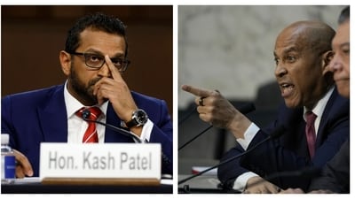 FBI Director Kash Patel (left) and New Jersey Democrat Senator Cory Booker (right) at the Senate Judiciary Committee hearing on Tuesday. (AFP and AP) FBI Director Kash Patel (left) and New Jersey Democrat Senator Cory Booker (right) at the Senate Judiciary Committee hearing on Tuesday. (AFP and AP)