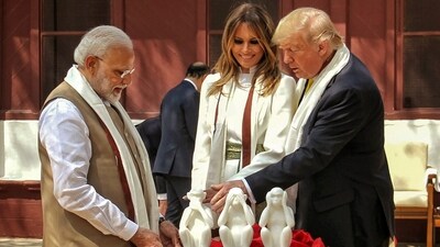 In this Feb. 24, 2020 file image, Prime Minister Narendra Modi with US President Donald Trump and First Lady Melania Trump at Sabarmati Ashram in Ahmedabad. (PTI) In this Feb. 24, 2020 file image, Prime Minister Narendra Modi with US President Donald Trump and First Lady Melania Trump at Sabarmati Ashram in Ahmedabad. (PTI)