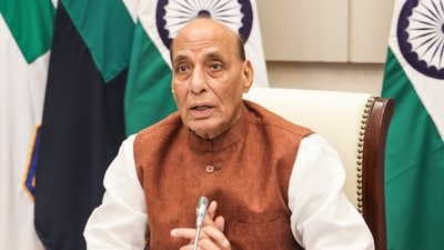Defence Minister Rajnath Singh addresses the flag-off ceremony of IASV Triveni via video conferencing. (PTI) Defence Minister Rajnath Singh addresses the flag-off ceremony of IASV Triveni via video conferencing. (PTI)