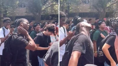 A Texas student is seen mocking and re-enacting the moment Charlie Kirk was shot in the neck. (Screengrab) A Texas student is seen mocking and re-enacting the moment Charlie Kirk was shot in the neck. (Screengrab)