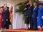 President Donald Trump salutes as he stands beside Britain's King Charles III and Queen Camilla with Melania Trump on the left as Britain's Kate and Prince William listen on the far left during the national anthem at Windsor Castle in Windsor, England, Wednesday, Sept. 17, 2025. AP/PTI(AP09_17_2025_000341A)