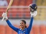 India's Smriti Mandhana celebrates her century during the second ODI against Australia in New Chandigarh, Wednesday. (PTI) India's Smriti Mandhana celebrates her century during the second ODI against Australia in New Chandigarh, Wednesday. (PTI)