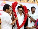 Tamil Nadu Chief Minister MK Stalin being felicitated during DMK's 'Mupperum Vizha' event, in Karur, Tamil Nadu. (PTI Photo) Tamil Nadu Chief Minister MK Stalin being felicitated during DMK's 'Mupperum Vizha' event, in Karur, Tamil Nadu. (PTI Photo)