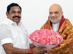 Union home minister Amit Shah being felicitated by Tamil Nadu assembly LoP and AIADMK leader Edappadi K Palaniswami during their meeting at the party headquarters in New Delhi on Tuesday. (PTI PHOTO)