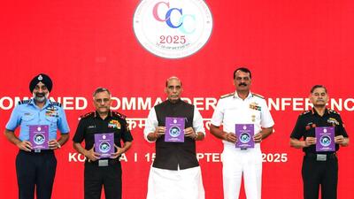 A session chaired by chief of defence staff general Anil Chauhan on the concluding day of the Combined Commanders’ Conference (CCC) 2025 in Kolkata. (@SpokespersonMoD X) A session chaired by chief of defence staff general Anil Chauhan on the concluding day of the Combined Commanders’ Conference (CCC) 2025 in Kolkata. (@SpokespersonMoD X)