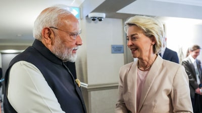 Prime Minister Narendra Modi meets European Commission President Ursula von der Leyen on the sidelines of a recent G7 summit. (PMO/ANI Photo ) Prime Minister Narendra Modi meets European Commission President Ursula von der Leyen on the sidelines of a recent G7 summit. (PMO/ANI Photo )