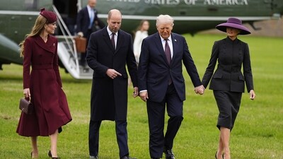 Britain's Prince William and Kate, Princess of Wales, left, receive President Donald Trump and first lady Melania Trump at Windsor Castle in Windsor, England, Wednesday Sept. 17, 2025. AP/PTI(AP09_17_2025_000275A) (AP) Britain's Prince William and Kate, Princess of Wales, left, receive President Donald Trump and first lady Melania Trump at Windsor Castle in Windsor, England, Wednesday Sept. 17, 2025. AP/PTI(AP09_17_2025_000275A) (AP)