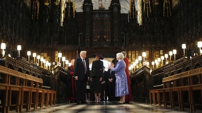 Chapter Clerk, Charlotte Manley, right, speaks to President Donald Trump and first lady Melania Trump during their visit to St George's Chapel at Windsor Castle, in Windsor, England, Wednesday Sept. 17, 2025. AP/PTI(AP09_17_2025_000667A) (AP) Chapter Clerk, Charlotte Manley, right, speaks to President Donald Trump and first lady Melania Trump during their visit to St George's Chapel at Windsor Castle, in Windsor, England, Wednesday Sept. 17, 2025. AP/PTI(AP09_17_2025_000667A) (AP)