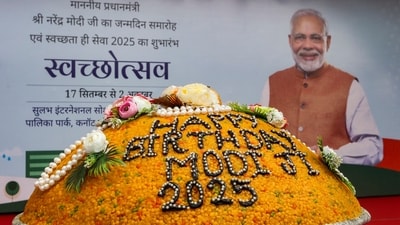 In Delhi's Palika park, Sulabh International unveiled a 75-kg jumbo laddoo on the occasion of Prime Minister Narendra Modi's birthday, (PTI) In Delhi's Palika park, Sulabh International unveiled a 75-kg jumbo laddoo on the occasion of Prime Minister Narendra Modi's birthday, (PTI)
