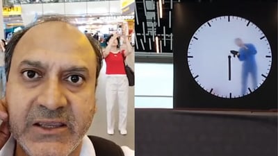Dutch artist Maarten Baas ‘Human Watch’ leaves Indian traveller surprised at Amsterdam Airport. (@skali85/Instagram) Dutch artist Maarten Baas ‘Human Watch’ leaves Indian traveller surprised at Amsterdam Airport. (@skali85/Instagram)
