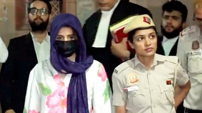 Gaganpreet Kaur, accused in BMW accident case, being brought to judge's residence, in New Delhi, Monday, Sept. 15, 2025. (PTI) Gaganpreet Kaur, accused in BMW accident case, being brought to judge's residence, in New Delhi, Monday, Sept. 15, 2025. (PTI)