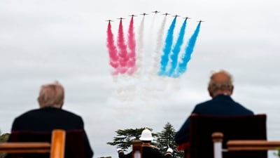 US President Donald Trump and Britain's King Charles III sit on the dias as The Royal Air Force Aerobatic Team, The Red Arrows, perform a flypast over the Beating Retreat military ceremony on the East Lawn at Windsor Castle, in Windsor, on September 17, 2025, during the US president's second State Visit. US President Donald Trump arrived in Britain for an unprecedented second State Visit, with the UK government rolling out a royal red carpet welcome to win over the mercurial leader. (Photo by Doug MILLS / POOL / AFP) (AFP) US President Donald Trump and Britain's King Charles III sit on the dias as The Royal Air Force Aerobatic Team, The Red Arrows, perform a flypast over the Beating Retreat military ceremony on the East Lawn at Windsor Castle, in Windsor, on September 17, 2025, during the US president's second State Visit. US President Donald Trump arrived in Britain for an unprecedented second State Visit, with the UK government rolling out a royal red carpet welcome to win over the mercurial leader. (Photo by Doug MILLS / POOL / AFP) (AFP)
