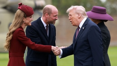 US President Donald Trump and First Lady Melania Trump are greeted by Britain's Prince William, Prince of Wales and Britain's Catherine, Princess of Wales, upon their arrival at the grounds of Windsor Castle, in Windsor, on September 17, 2025, for the start of a second State Visit. (Photo by Ian Vogler / POOL / AFP) (AFP) US President Donald Trump and First Lady Melania Trump are greeted by Britain's Prince William, Prince of Wales and Britain's Catherine, Princess of Wales, upon their arrival at the grounds of Windsor Castle, in Windsor, on September 17, 2025, for the start of a second State Visit. (Photo by Ian Vogler / POOL / AFP) (AFP)