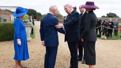Britain's King Charles III and Britain's Queen Camilla greet US President Donald Trump and First Lady Melania Trump, accompanied by Britain's Prince William, Prince of Wales and Britain's Catherine, Princess of Wales, upon their arrival in the grounds of Windsor Castle, in Windsor, on September 17, 2025, for the start of a second State Visit. US President Donald Trump arrived in Britain for an unprecedented second State Visit, with the UK government rolling out a royal red carpet welcome to win over the mercurial leader. (Photo by Ian Vogler / POOL / AFP) (AFP) Britain's King Charles III and Britain's Queen Camilla greet US President Donald Trump and First Lady Melania Trump, accompanied by Britain's Prince William, Prince of Wales and Britain's Catherine, Princess of Wales, upon their arrival in the grounds of Windsor Castle, in Windsor, on September 17, 2025, for the start of a second State Visit. US President Donald Trump arrived in Britain for an unprecedented second State Visit, with the UK government rolling out a royal red carpet welcome to win over the mercurial leader. (Photo by Ian Vogler / POOL / AFP) (AFP)