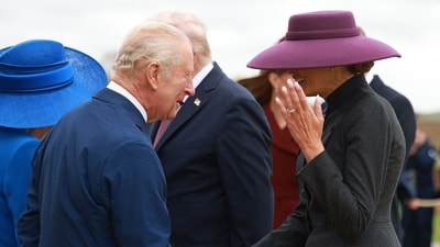 Britain's King Charles III shakes hands with US First Lady Melania Trump as he and Britain's Queen Camilla greet US President Donald Trump and the First Lady, upon their arrival in the grounds of Windsor Castle, in Windsor, on September 17, 2025. (AFP) Britain's King Charles III shakes hands with US First Lady Melania Trump as he and Britain's Queen Camilla greet US President Donald Trump and the First Lady, upon their arrival in the grounds of Windsor Castle, in Windsor, on September 17, 2025. (AFP)