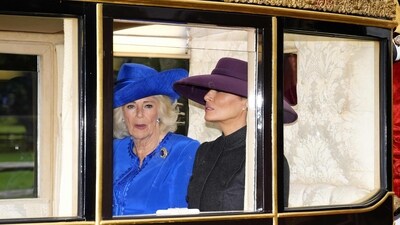 Britain's Queen Camilla and US First Lady Melania Trump travel in The Scottish State Coach during a horse-drawn procession towards Windsor Castle in Windsor, on September 17, 2025, during a second State Visit. US President Donald Trump arrived in Britain for an unprecedented second State Visit, with the UK government rolling out a royal red carpet welcome to win over the mercurial leader. (Photo by Jordan Pettitt / POOL / AFP) (AFP) Britain's Queen Camilla and US First Lady Melania Trump travel in The Scottish State Coach during a horse-drawn procession towards Windsor Castle in Windsor, on September 17, 2025, during a second State Visit. US President Donald Trump arrived in Britain for an unprecedented second State Visit, with the UK government rolling out a royal red carpet welcome to win over the mercurial leader. (Photo by Jordan Pettitt / POOL / AFP) (AFP)