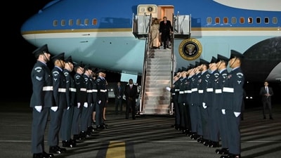 US Secretary of State Marco Rubio smiles after disembarking from an aircraft at Stansted Airport, eastern England, on September 16, 2025. US President Donald Trump will arrive in the UK late Tuesday for a second State Visit with his wife, Melania -- a rare privilege made at the invitation of King Charles III. (Photo by Nathan Howard / POOL / AFP) (AFP) US Secretary of State Marco Rubio smiles after disembarking from an aircraft at Stansted Airport, eastern England, on September 16, 2025. US President Donald Trump will arrive in the UK late Tuesday for a second State Visit with his wife, Melania -- a rare privilege made at the invitation of King Charles III. (Photo by Nathan Howard / POOL / AFP) (AFP)